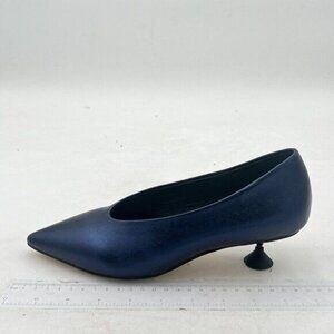 FSJ Navy Pointed Toe V Cut Kitten Heel Slip On Pumps Soft Leather Ladies Shoes